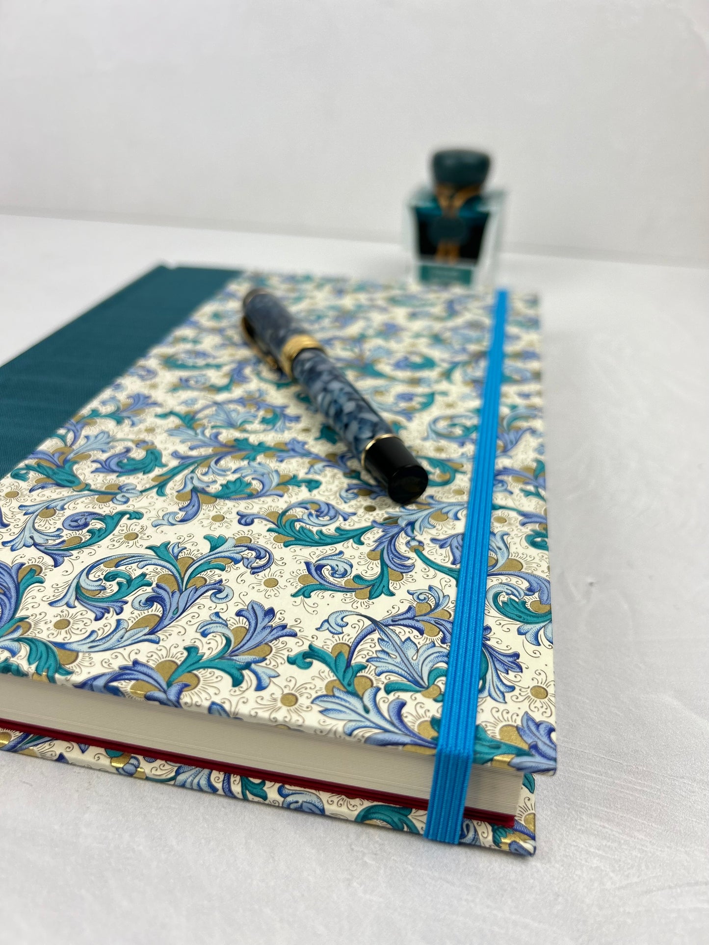 A5 160-page Hardcover Journal finished in Marine Blue Japanese book cloth and blue paisley Florentine Italian print