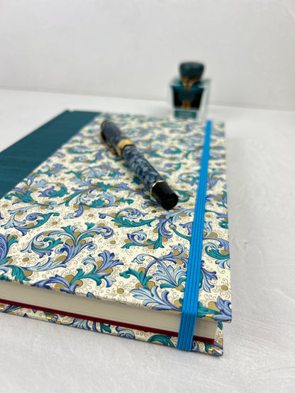 A5 160-page Hardcover Journal finished in Marine Blue Japanese book cloth and blue paisley Florentine Italian print