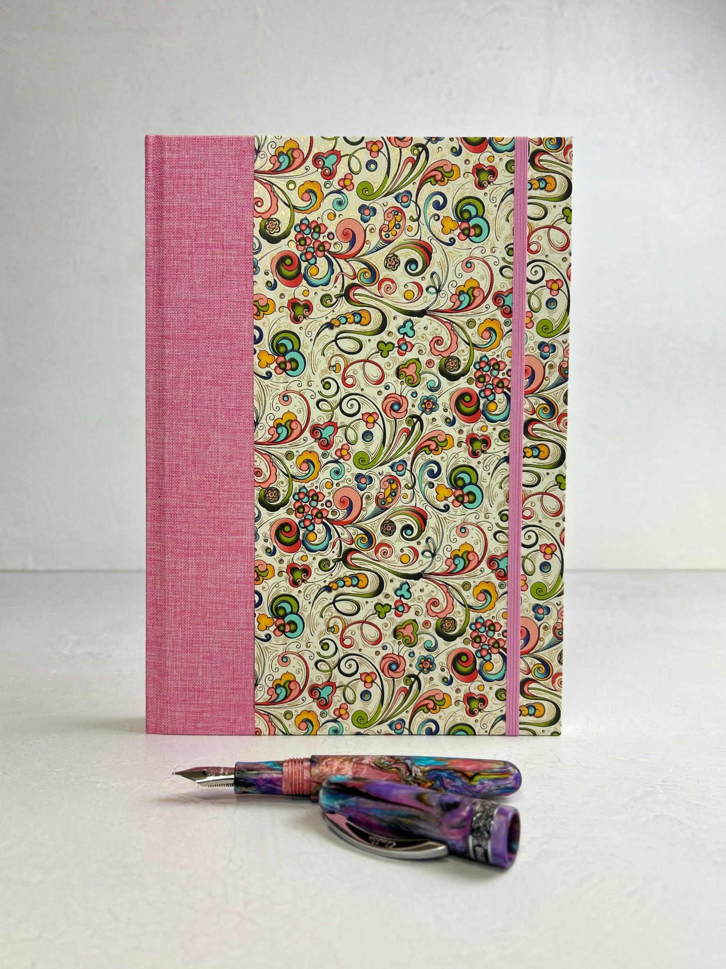 B5 Hardcover Notebook finished in Pink Floral Garden on Italian Florentine Print