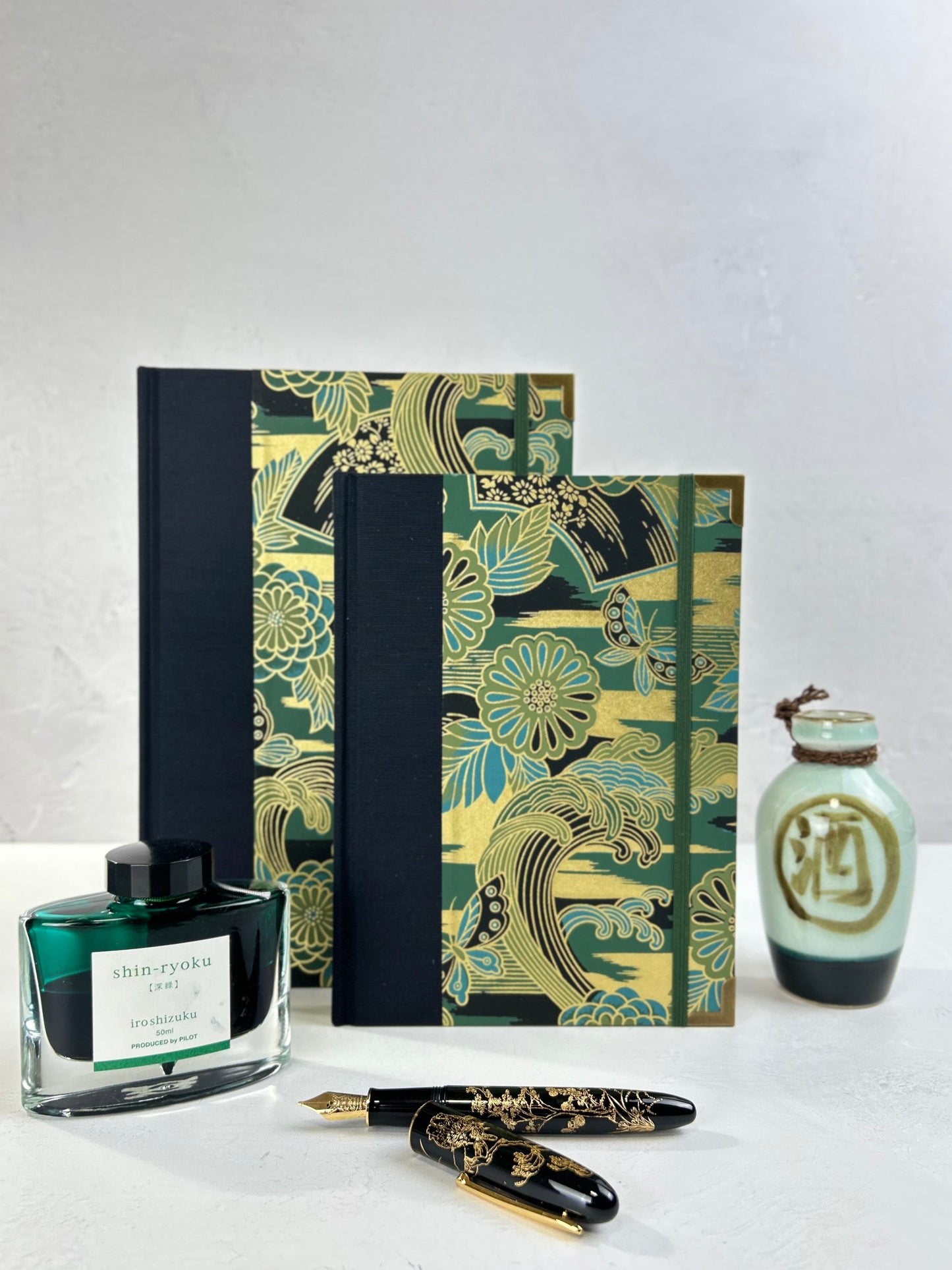 A5 Hardcover Notebook finished in Black Japanese book cloth and bold botanical Chiyogami Paper