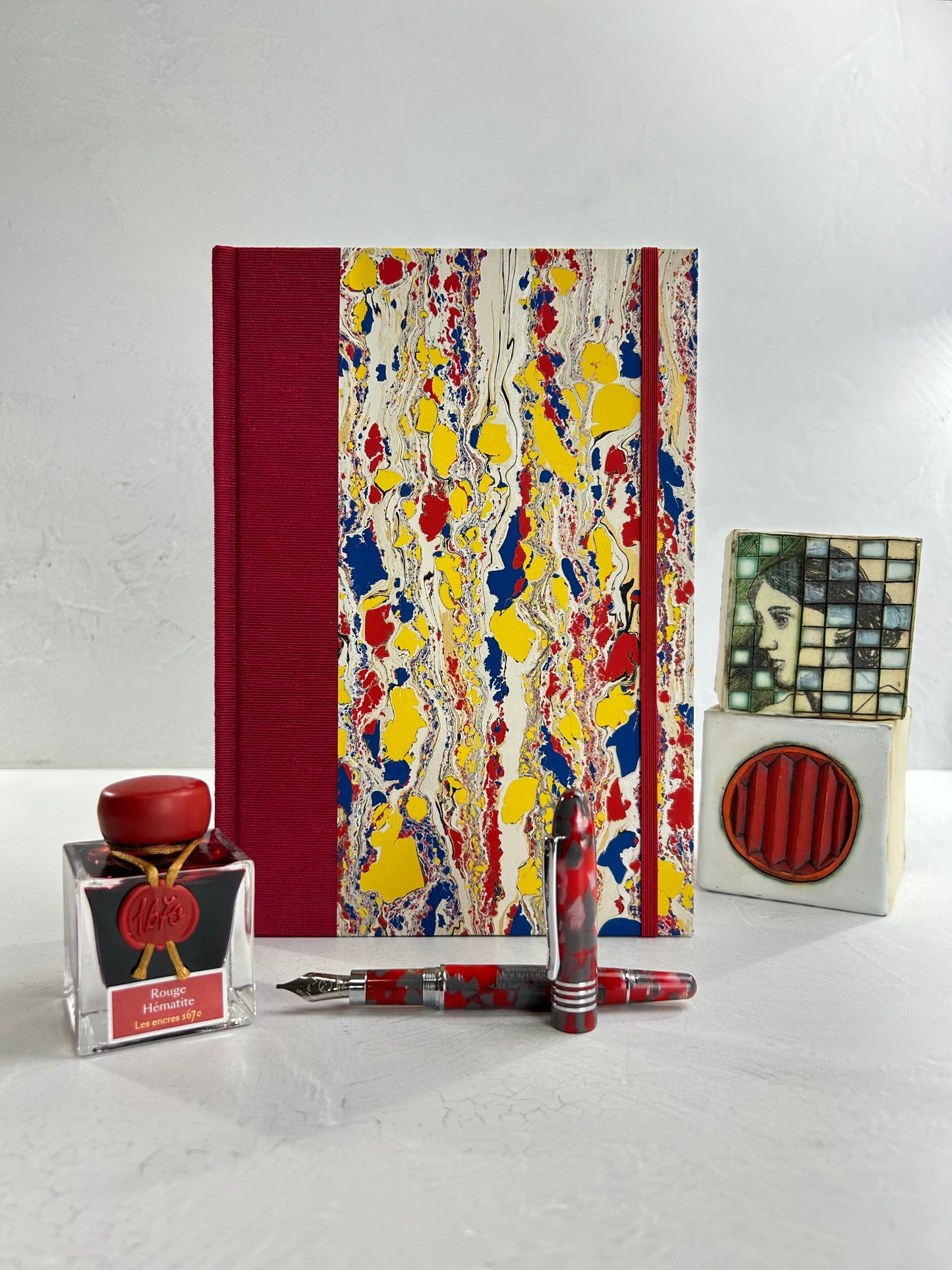 B5 192-page Hardcover Journal finished in Cardinal Red Japanese book cloth and Italian hand-marbled paper by Renato Crepaldi