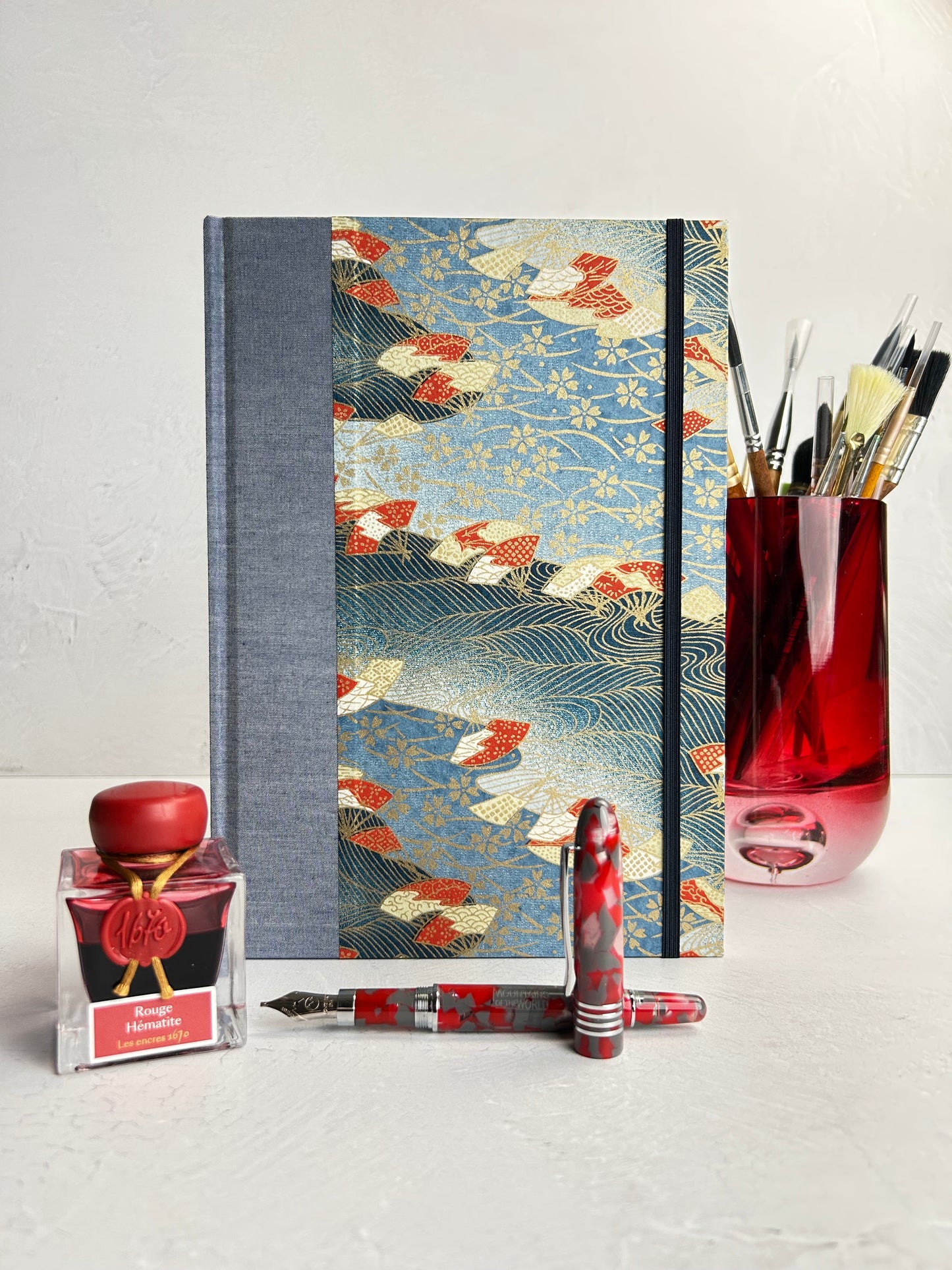 WABI-SABI B5 192-page Hardcover Journal finished in Steel Blue Japanese book cloth and vintage Chiyogami Paper