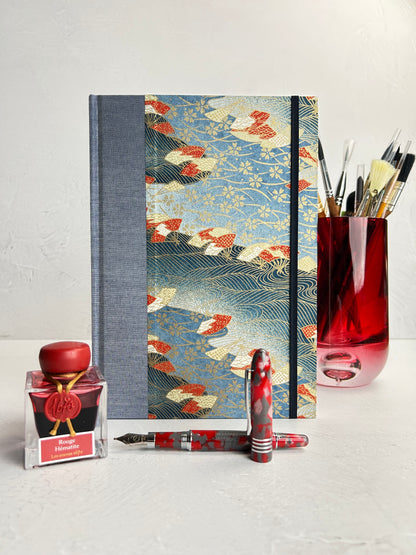 WABI-SABI B5 192-page Hardcover Journal finished in Steel Blue Japanese book cloth and vintage Chiyogami Paper