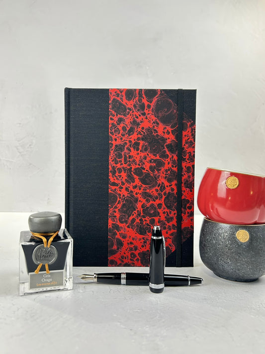 A5 160-page Hardcover Journal finished in Black Mohair Japanese book cloth and hand marbled paper by Daniel Gaál