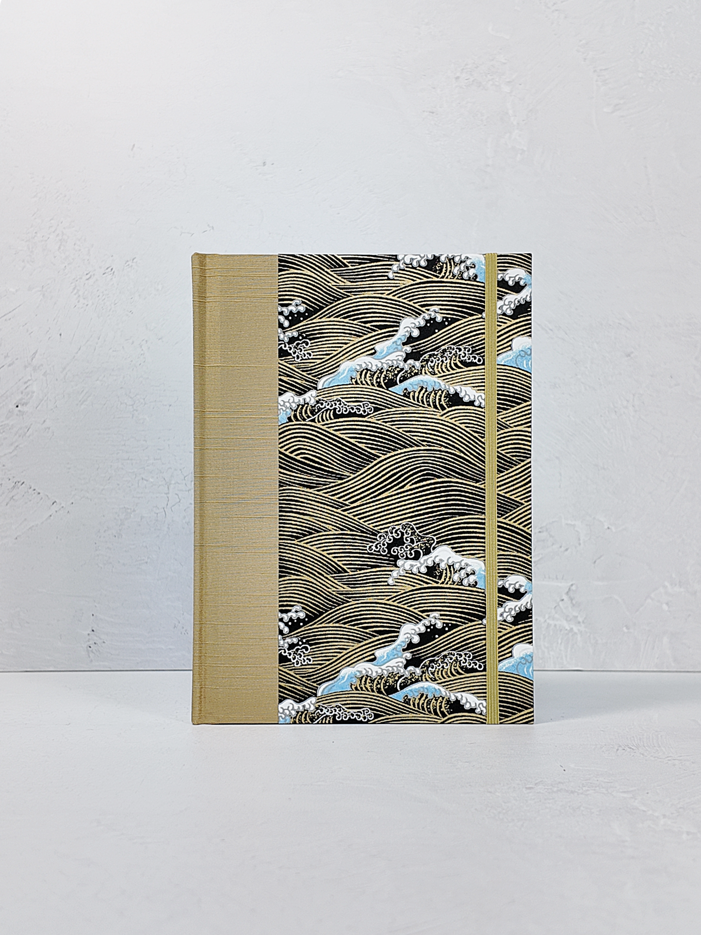PRE-ORDER NEW A5 160-page Hardcover Journal finished in Soft Gold and Gold and Blue Waves Chiyogami Paper