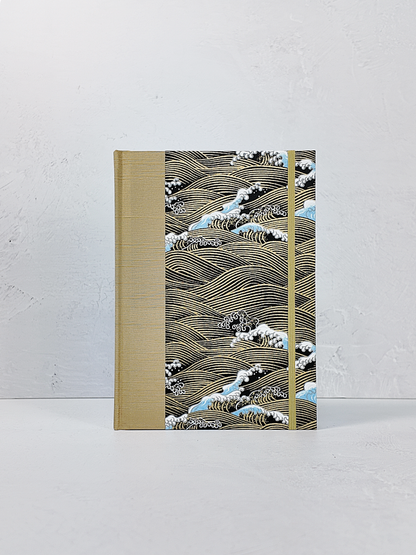 PRE-ORDER NEW A5 160-page Hardcover Journal finished in Soft Gold and Gold and Blue Waves Chiyogami Paper