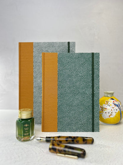 A5 Hardcover Notebook finished in White Polka Dots on Green Chiyogami Paper