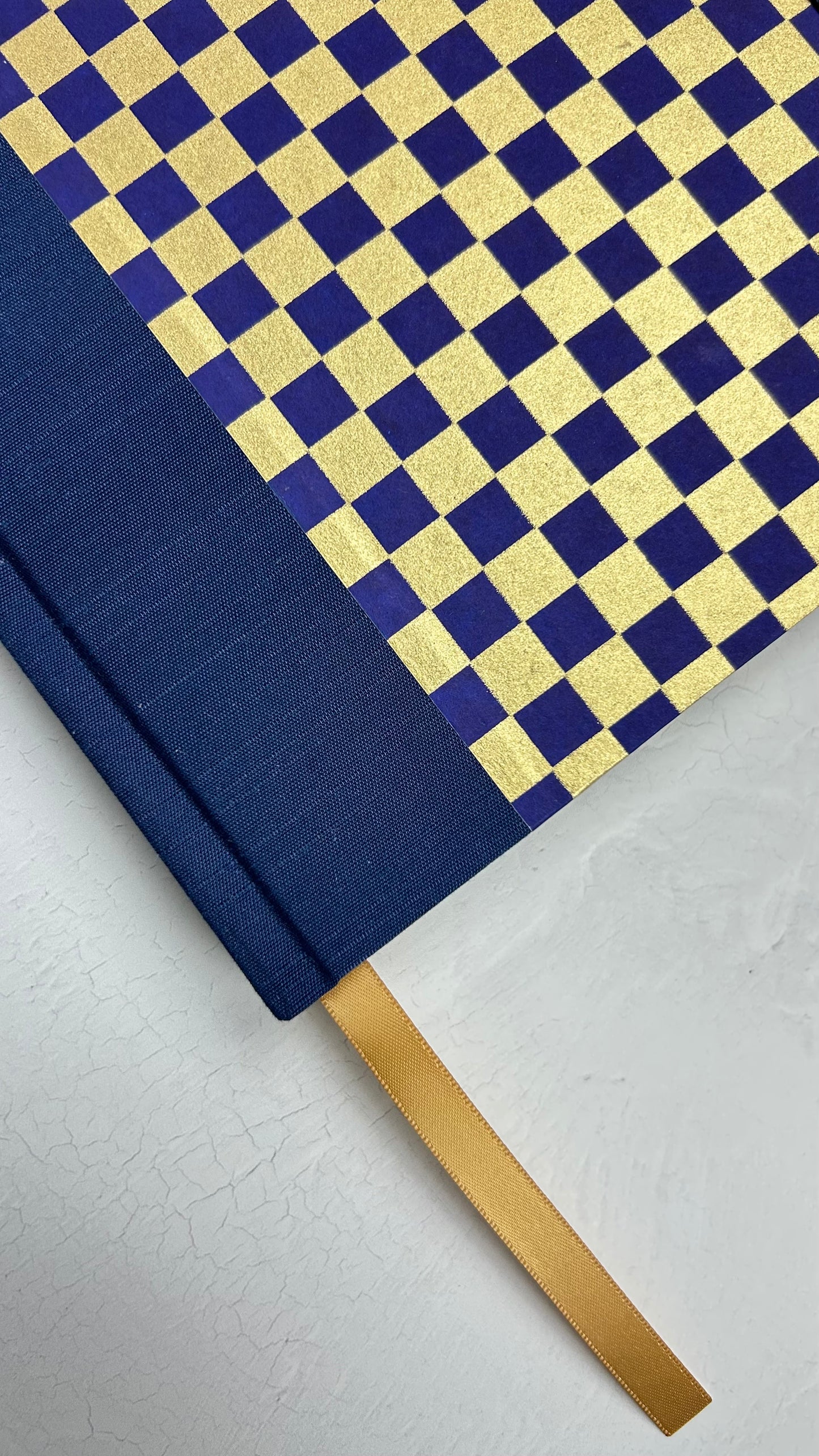 A5 160-page Hardcover Journal finished in Cadet Blue Japanese book cloth and Checkered Chiyogami Paper