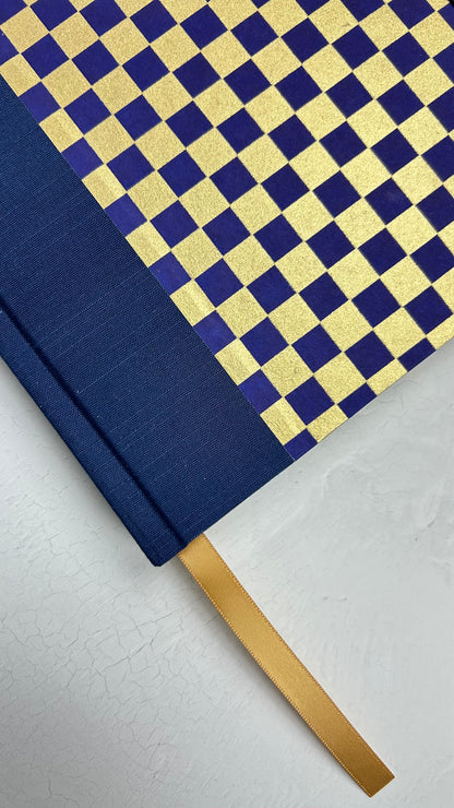 A5 160-page Hardcover Journal finished in Cadet Blue Japanese book cloth and Checkered Chiyogami Paper