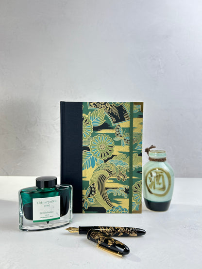 A5 Hardcover Notebook finished in Black Japanese book cloth and bold botanical Chiyogami Paper