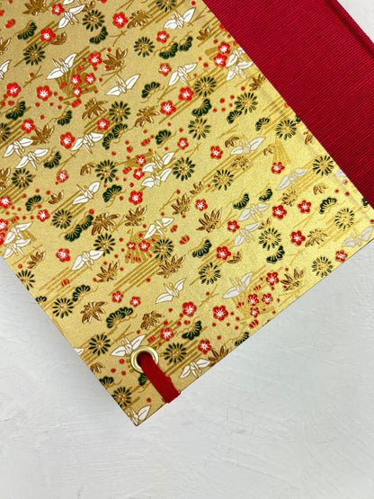 A5 160-page Hardcover Journal finished in Cardinal Red Japanese book cloth and White Cranes on Gold Chiyogami Paper