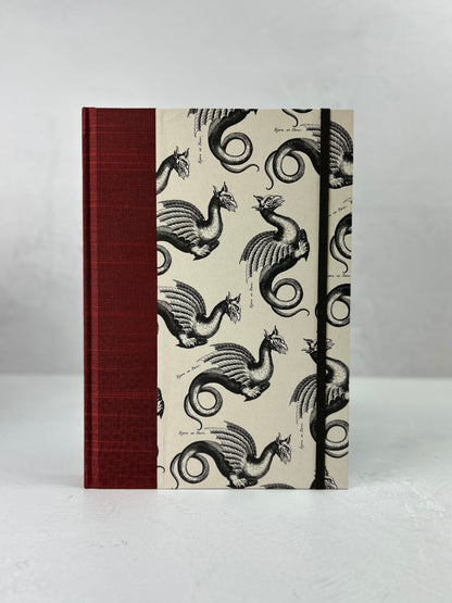 B5 Hardcover Notebook finished in Blood Red Japanese book cloth and Italian Medieval Letterpress Dragons Paper