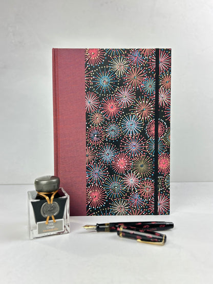 (JANUARY 2026 DELIVERY) B5 Hardcover Notebook finished in Rust Blue Japanese book cloth and Chiyogami Fireworks on Black