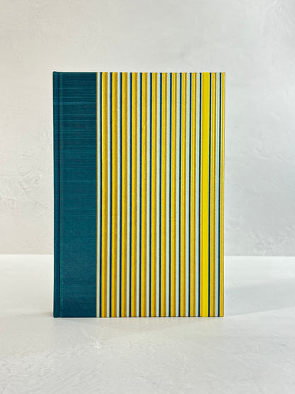 B5 192-page Hardcover Journal finished in Marine Blue Japanese book cloth and pinstripe Chiyogami Paper