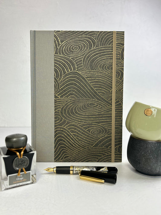 B5 192-page Hardcover Journal finished in Blue Gold Japanese book cloth and Gold on Bronze Chiyogami Decorative Paper