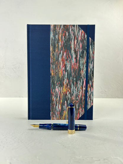 B5 192-page Hardcover Journal finished in Cadette Blue Japanese book cloth and French Marbled Paper