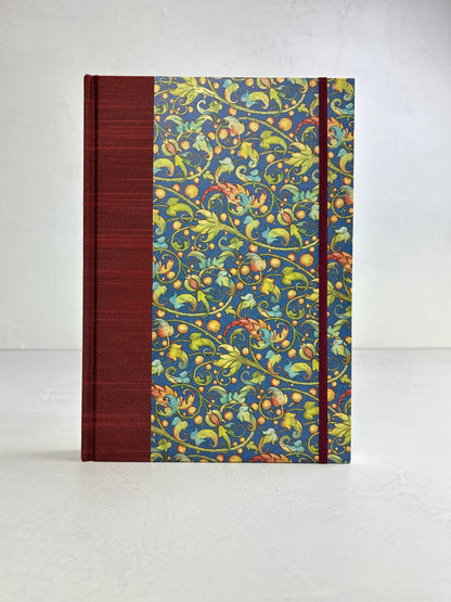 B5 192-page Hardcover Journal finished in Dark Red Japanese book cloth and Floral Italian Florentine Paper