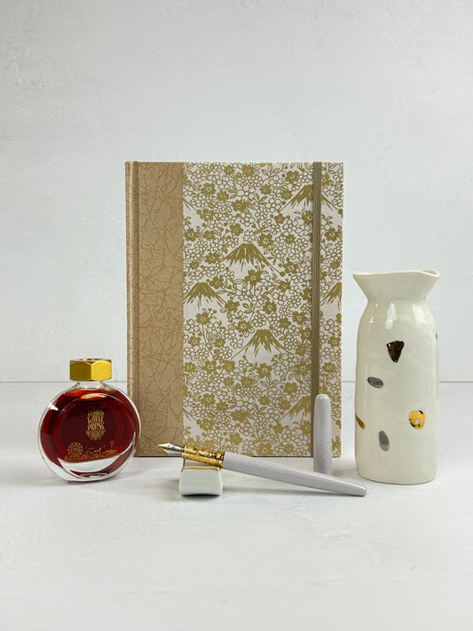 A5 160-page Hardcover Journal finished in Creme Satin Japanese book cloth and Gold on White Chiyogami Paper