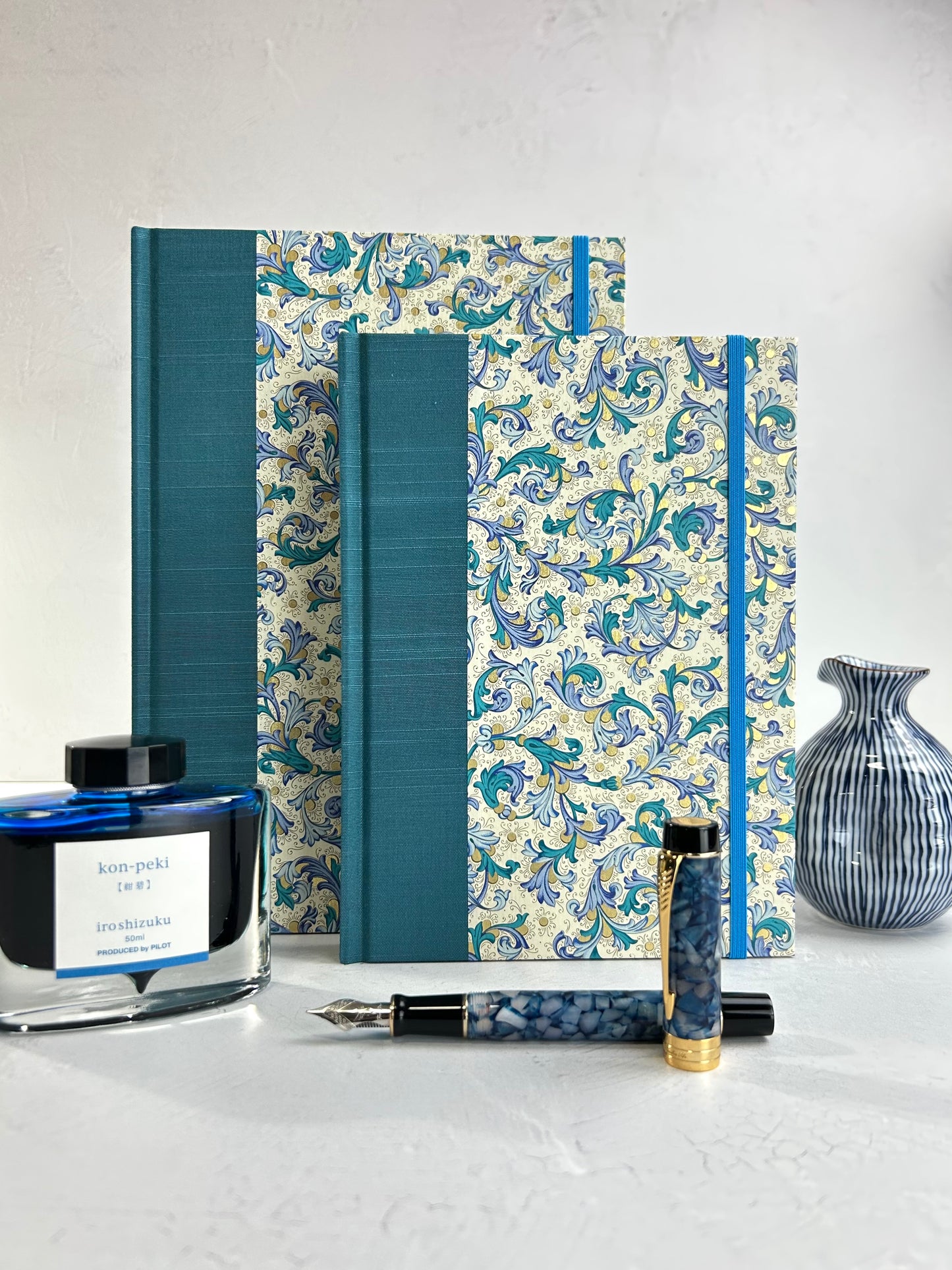 A5 160-page Hardcover Journal finished in Marine Blue Japanese book cloth and blue paisley Florentine Italian print