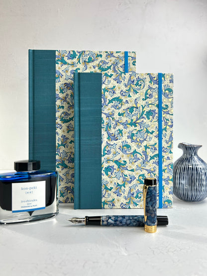 A5 160-page Hardcover Journal finished in Marine Blue Japanese book cloth and blue paisley Florentine Italian print