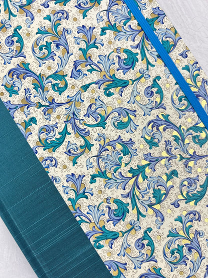 A5 160-page Hardcover Journal finished in Marine Blue Japanese book cloth and blue paisley Florentine Italian print