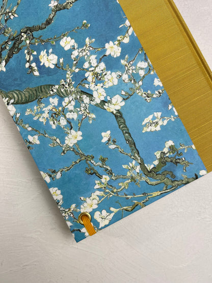 B5 Hardcover Notebook finished in Yellow Gold Japanese book cloth and Vincent Van Gogh Almond Blossoms