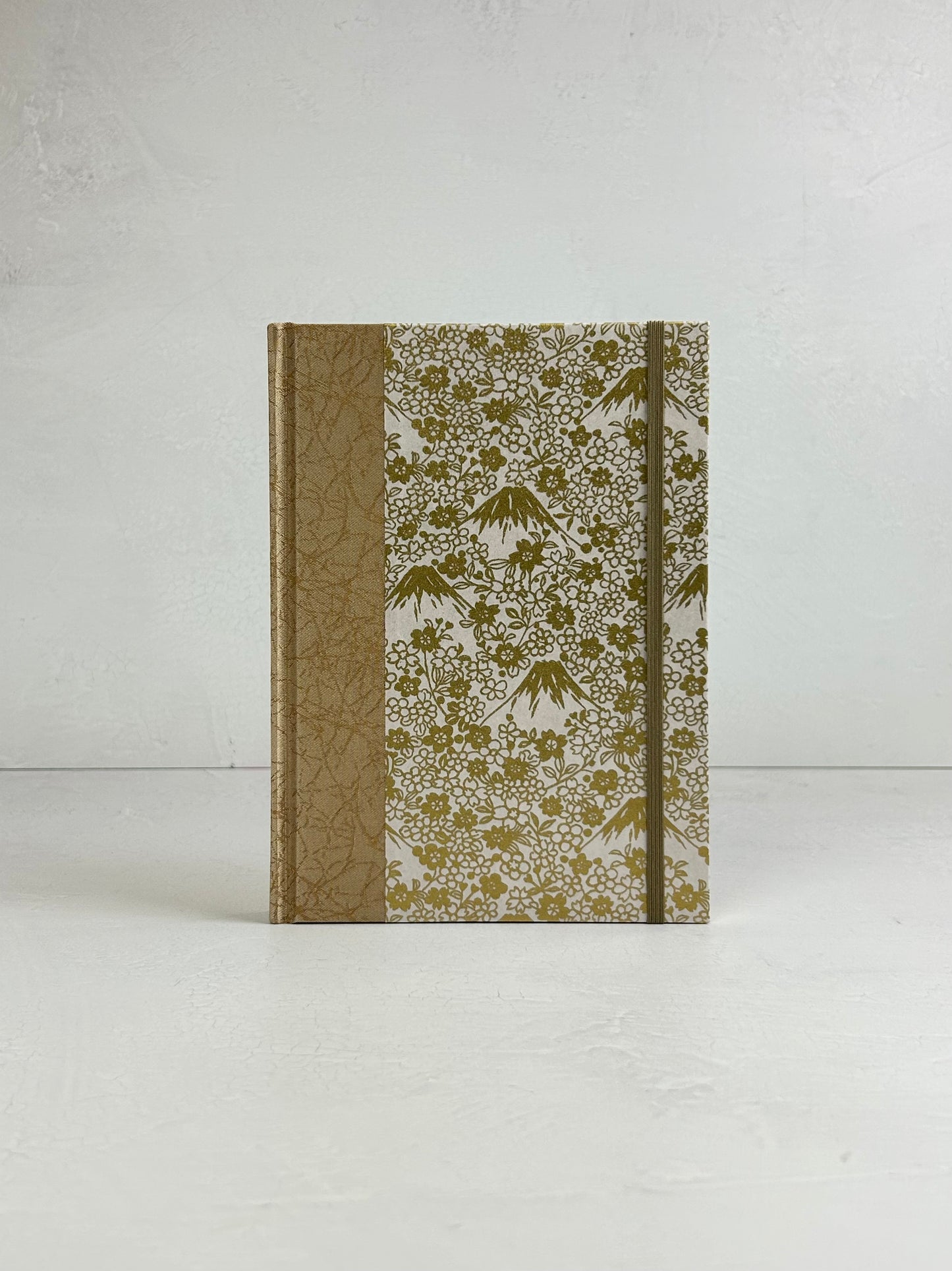 A5 160-page Hardcover Journal finished in Creme Satin Japanese book cloth and Gold on White Chiyogami Paper