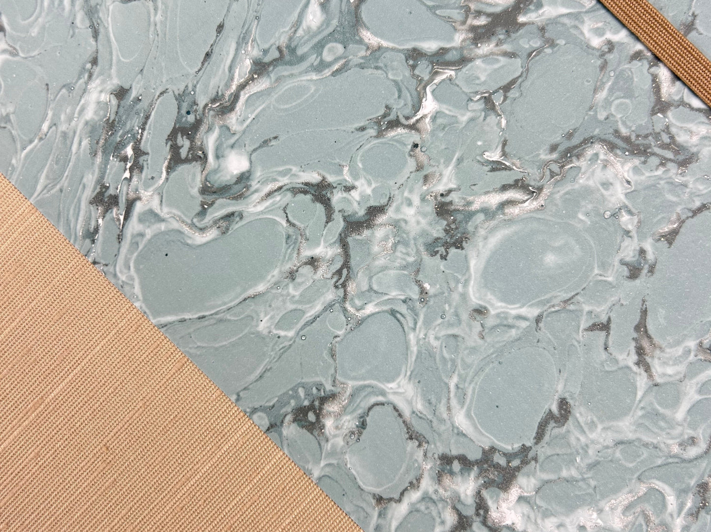 A5 160-page Hardcover Journal finished in Platinum Japanese book cloth and light blue French Marble Paper