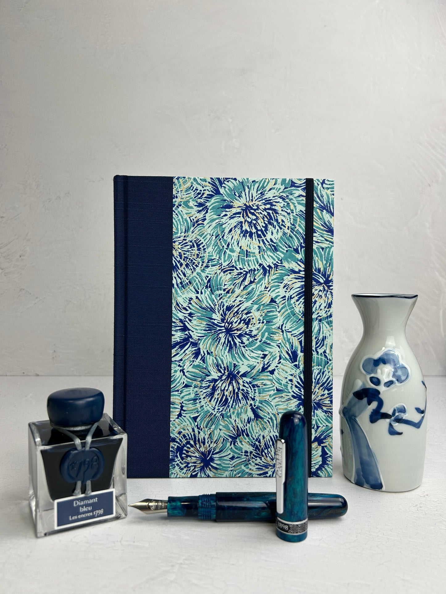 A5 160-page Hardcover finished in cadette blue Japanese book cloth and blue Peonies Chiyogami Paper