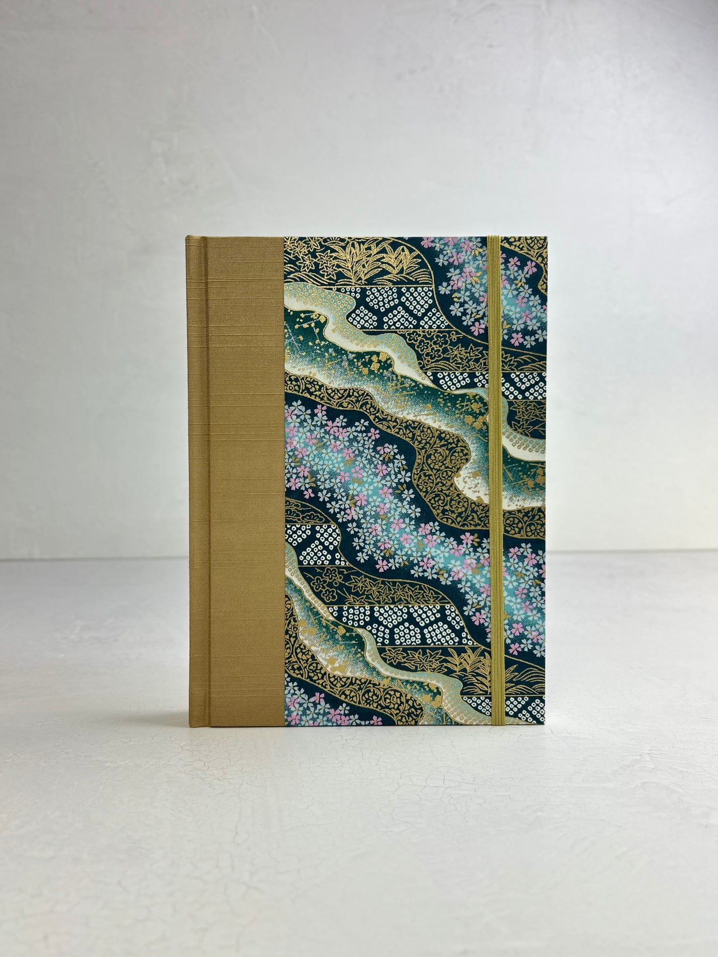 A5 160-page Hardcover Journal finished in Soft Gold Japanese book cloth and Floral Chiyogami Paper