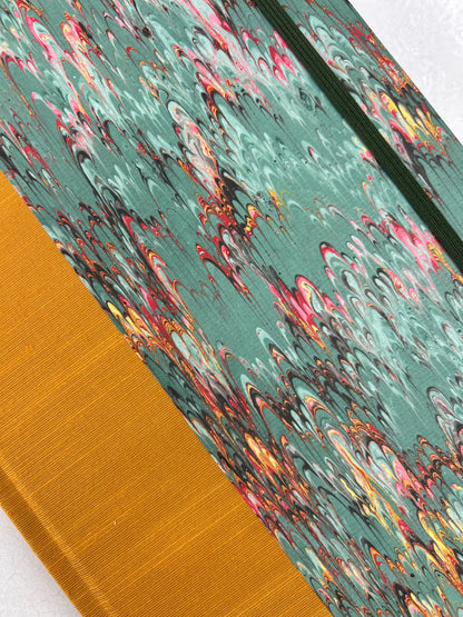 B5 192-page Hardcover Journal finished in Ochre Japanese book cloth and green French Marble Paper