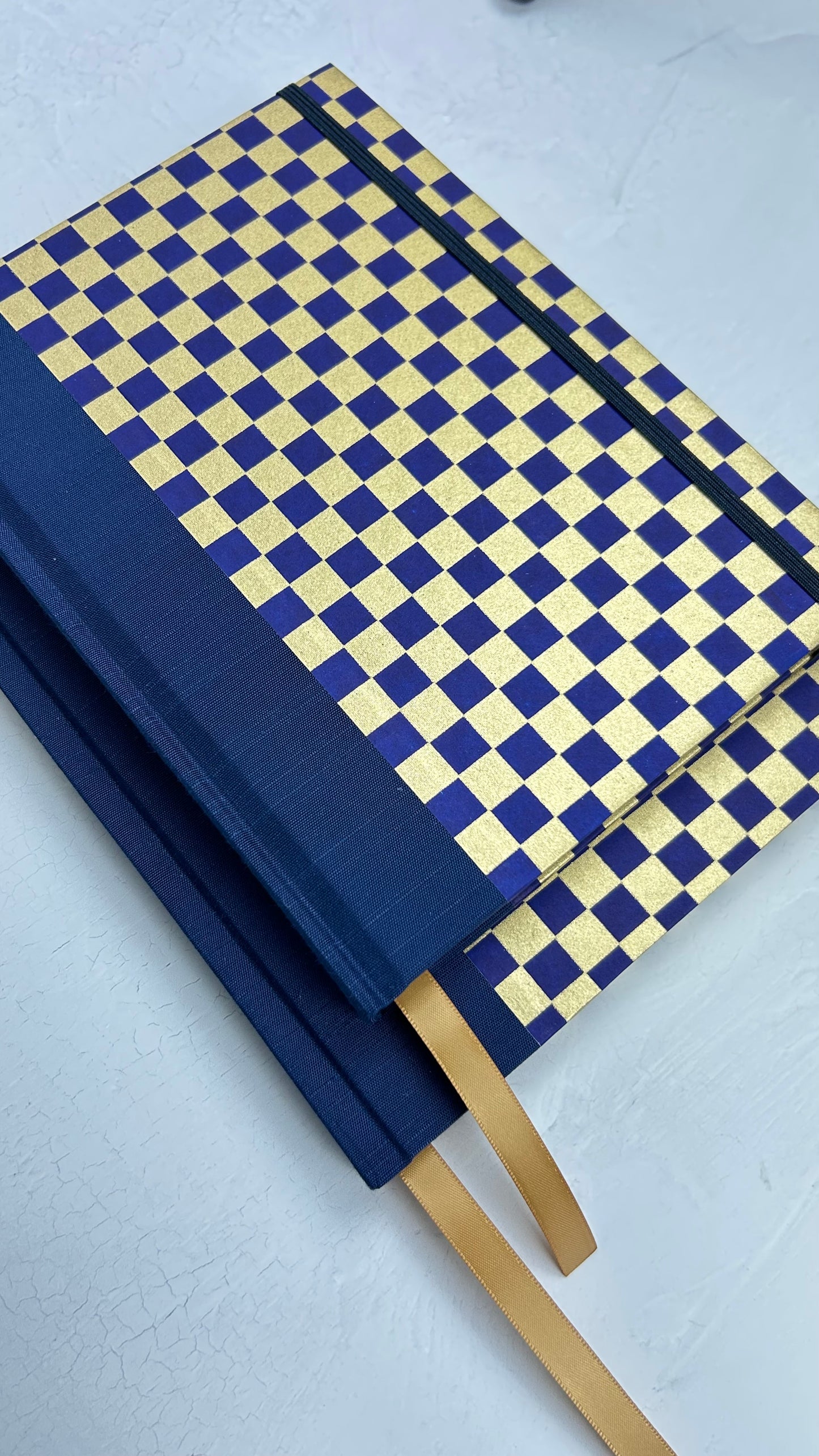A5 160-page Hardcover Journal finished in Cadet Blue Japanese book cloth and Checkered Chiyogami Paper