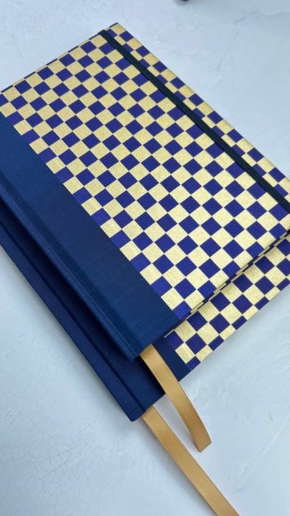 A5 160-page Hardcover Journal finished in Cadet Blue Japanese book cloth and Checkered Chiyogami Paper