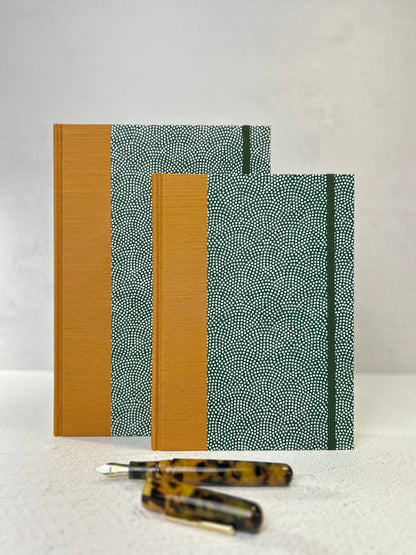 A5 Hardcover Notebook finished in White Polka Dots on Green Chiyogami Paper