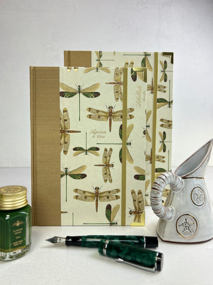 A5 160-page Hardcover Journal finished in Soft Gold Japanese book cloth and Dragonfly Florentine Italian Paper