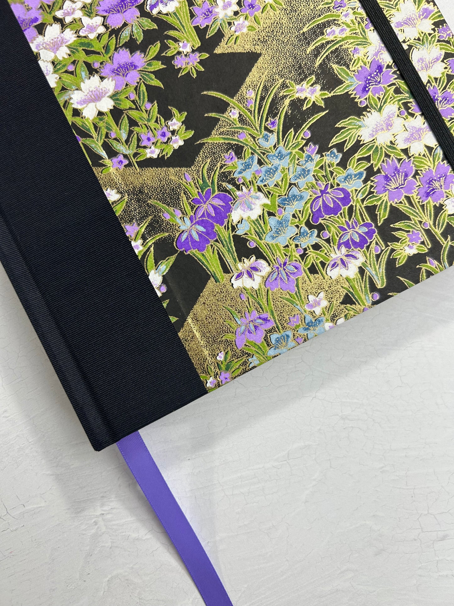 A5 160-page Hardcover Journal finished in black Japanese book cloth and purple wild flower Chiyogami paper