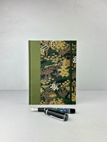 A5 Hardcover Notebook finished in Olive Green Japanese book cloth and Vintage Chiyogami Paper
