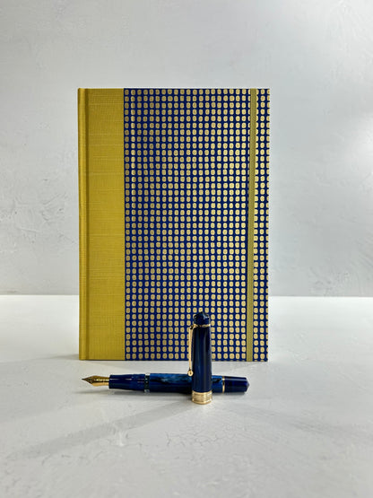 B5 192-page Hardcover Journal finished in Yellow Gold Japanese book cloth and blue and gold Chiyogami Paper