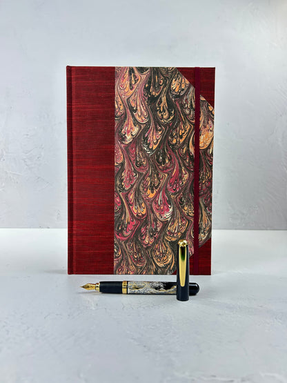 B5 192-page Hardcover Journal finished in Maroon Japanese book cloth and wine/black French Marbled Paper