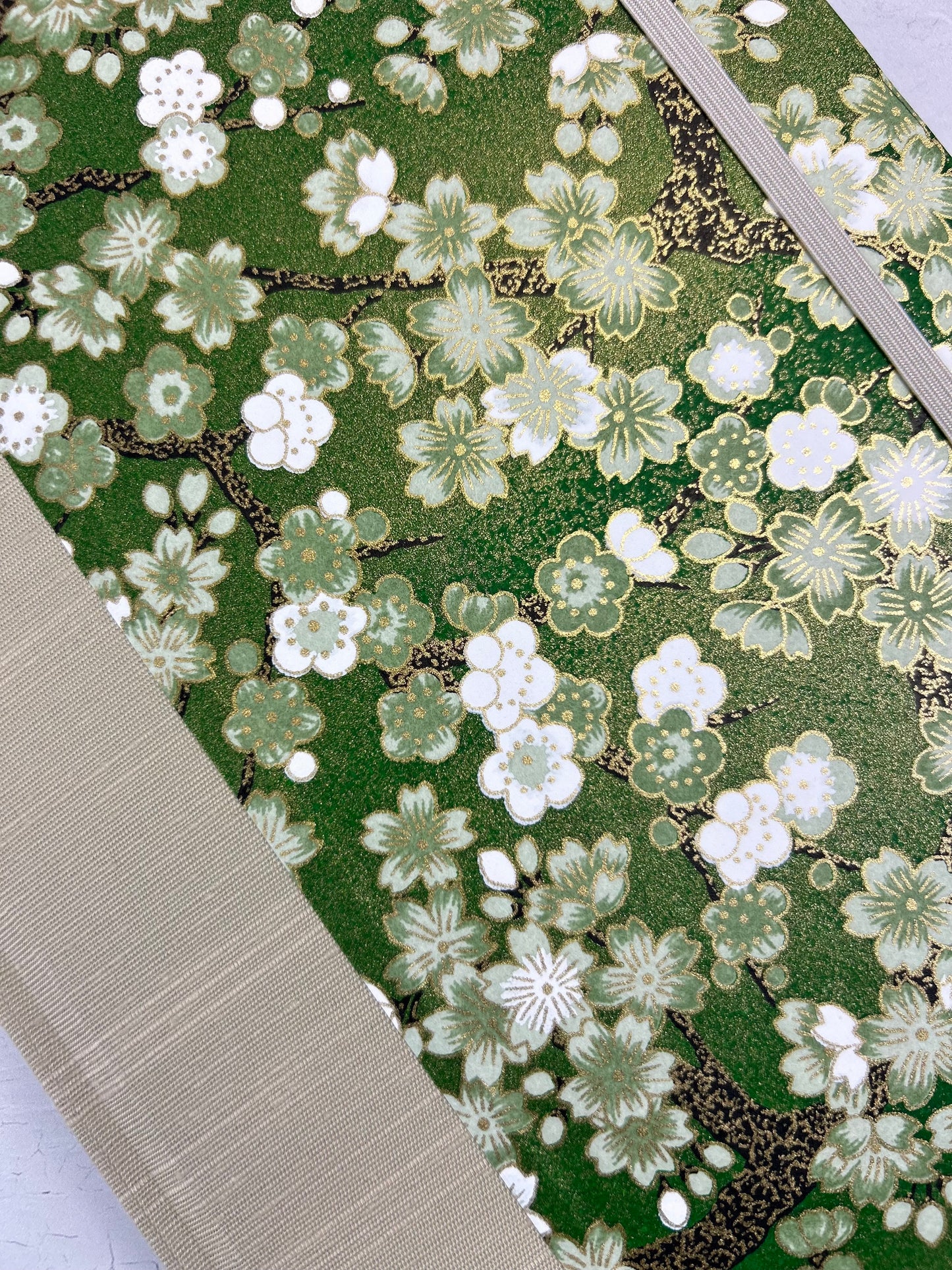 A5 160-page Hardcover Journal finished in Platinum Japanese book cloth and Cherry Blossom Chiyogami Paper
