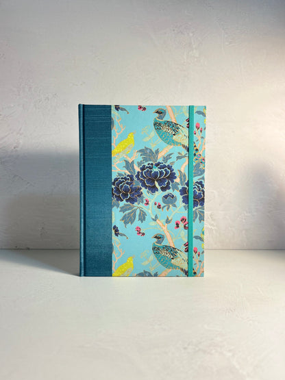 A5 Hardcover Notebook finished in Marine Blue Japanese book cloth and Matthew Williamson Magnolia print