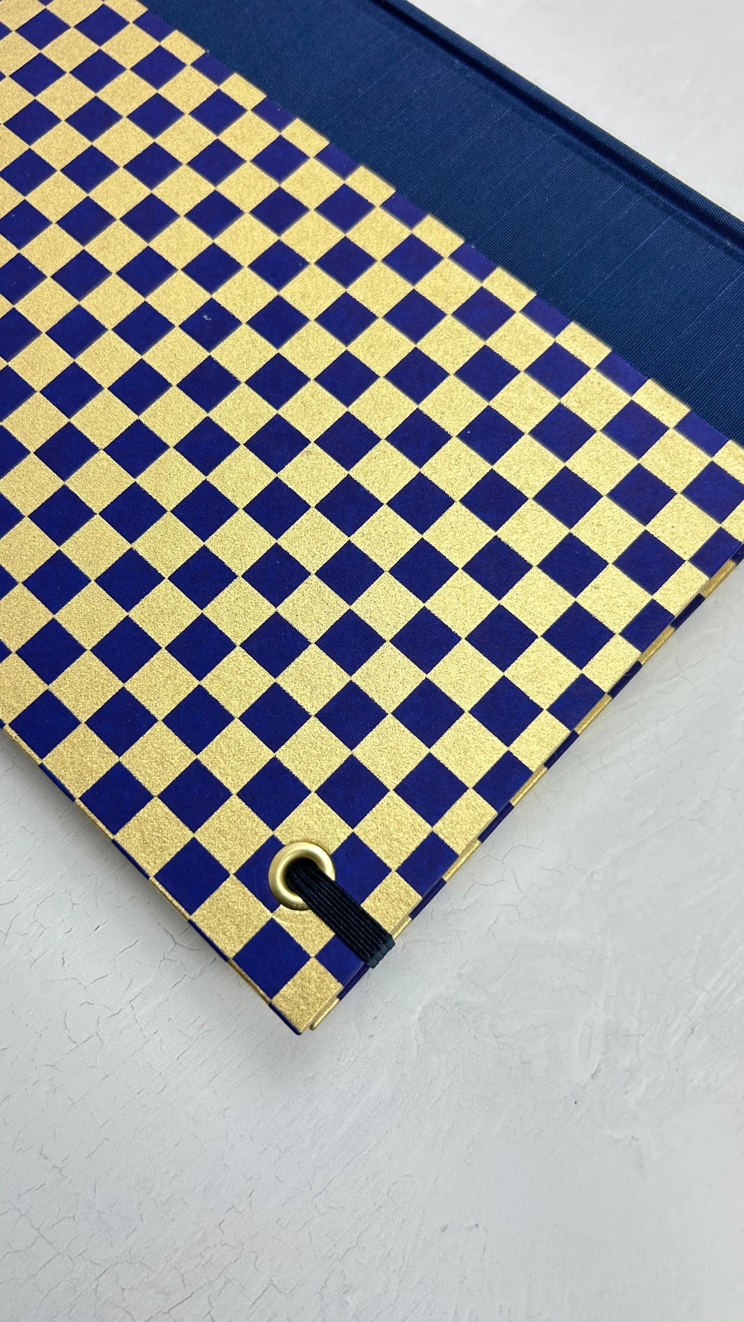 A5 160-page Hardcover Journal finished in Cadet Blue Japanese book cloth and Checkered Chiyogami Paper