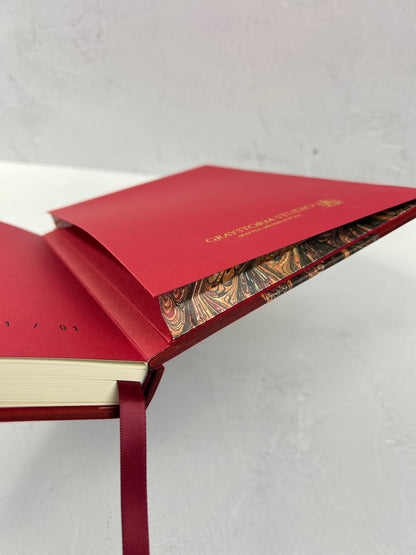 B5 192-page Hardcover Journal finished in Maroon Japanese book cloth and wine/black French Marbled Paper