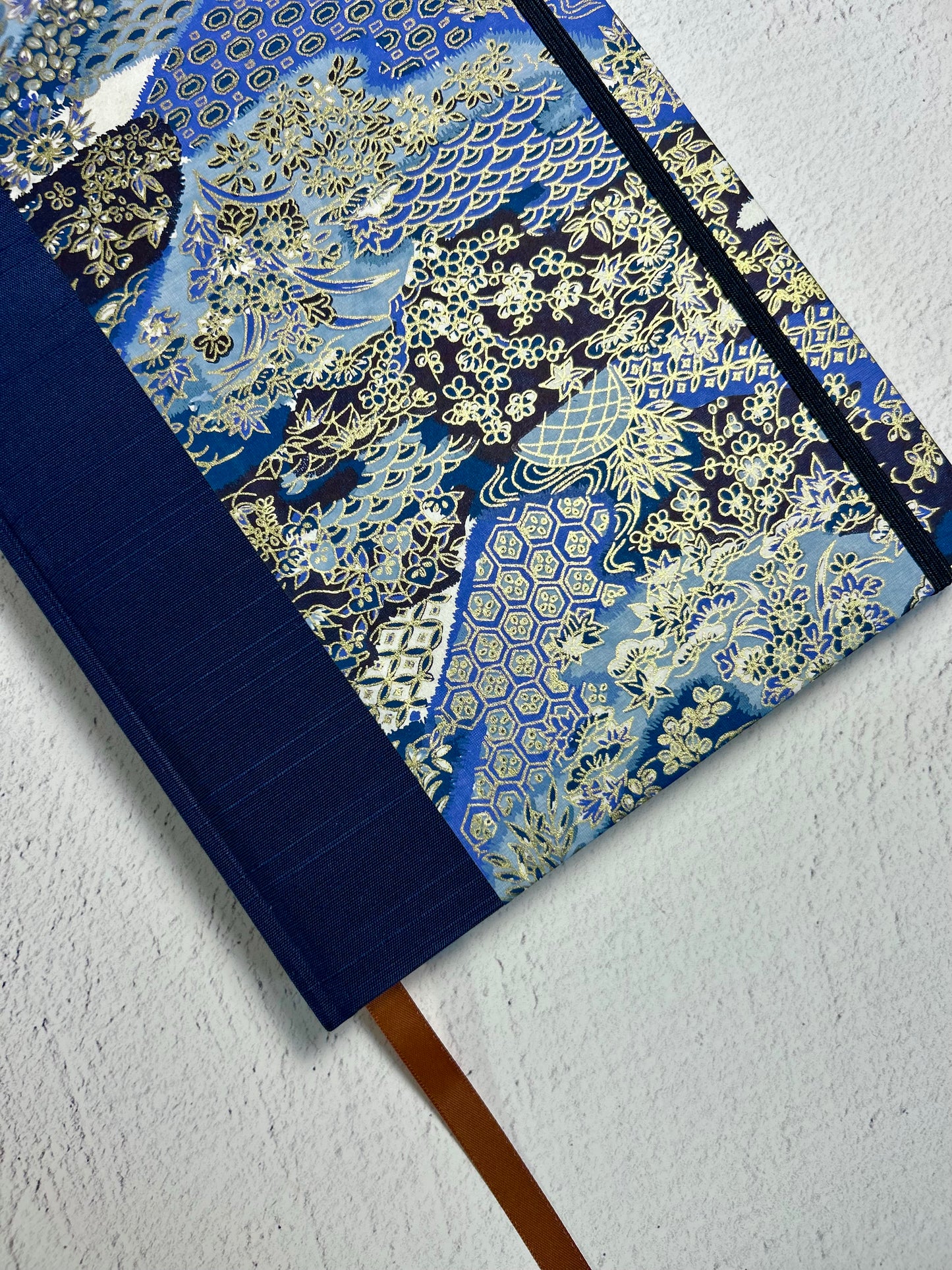 A5 Hardcover Notebook finished in Cadet Blue Japanese book cloth and vintage blue and purple Chiyogami decorative paper