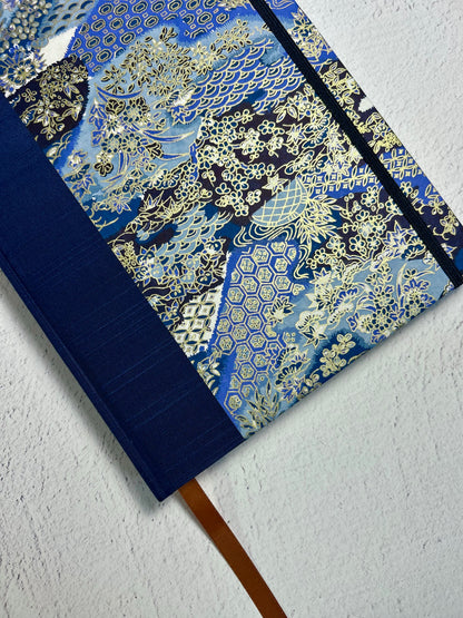 A5 Hardcover Notebook finished in Cadet Blue Japanese book cloth and vintage blue and purple Chiyogami decorative paper