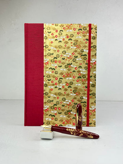 B5 160-page Hardcover Journal finished in Cardinal Red Japanese book cloth and White Cranes on Gold Chiyogami Paper