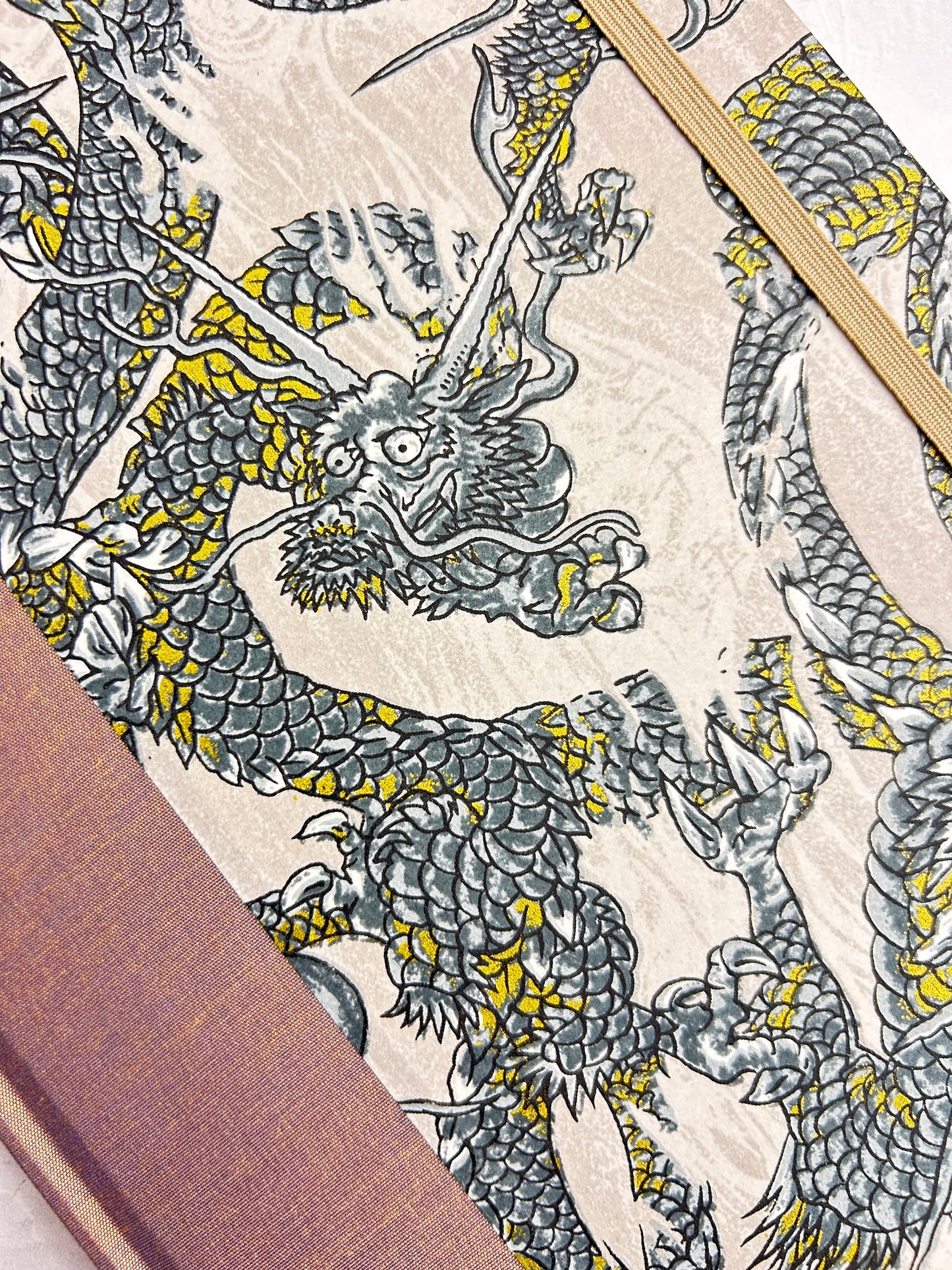 A5 160-page Hardcover Journal finished in Bronze Japanese book cloth and Dragon Chiyogami Paper