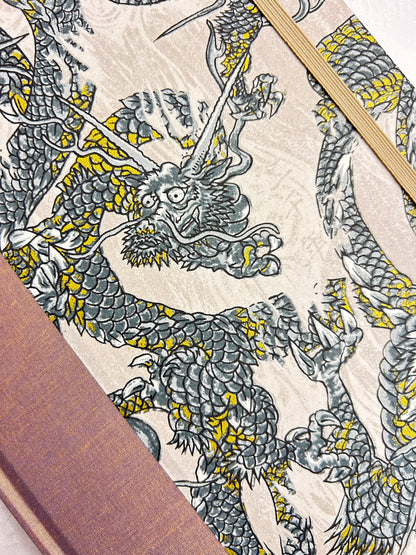 A5 160-page Hardcover Journal finished in Bronze Japanese book cloth and Dragon Chiyogami Paper