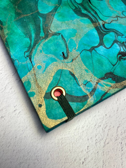 B5 Hardcover Notebook finished in Mohair Green Japanese Bookcloth and Hand Marbled Thai Momi Paper