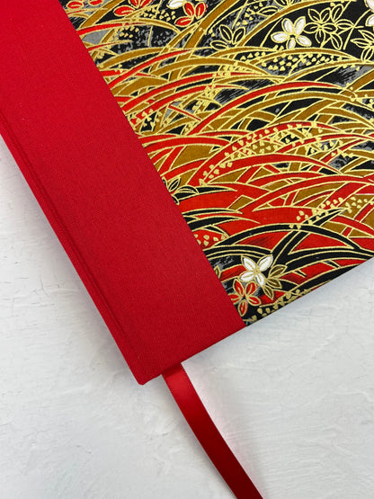 A5 160-page Hardcover Journal finished in Red Italian Verona book cloth and Vintage Floral Chiyogami Paper